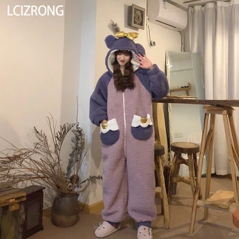 

Winter Cute Long Sleeve Onesie Women Sweet Girl Hooded Warm Thick Nightgown Casual Loose Home Clothes Onesie For Adults
