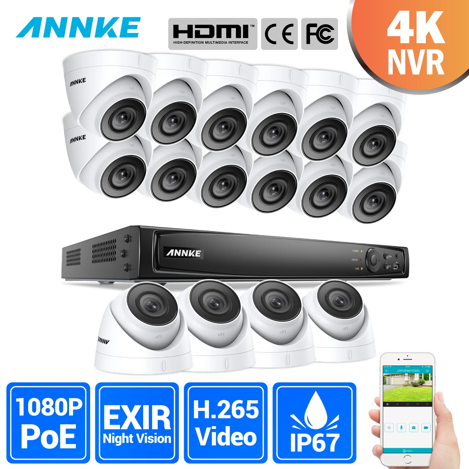 

ANNKE 16CH HD 2MP POE Network Video Security System 4K H.265 NVR With 16X 2MP 30m EXIR Night Vision Weatherproof WIFI IP Cameras