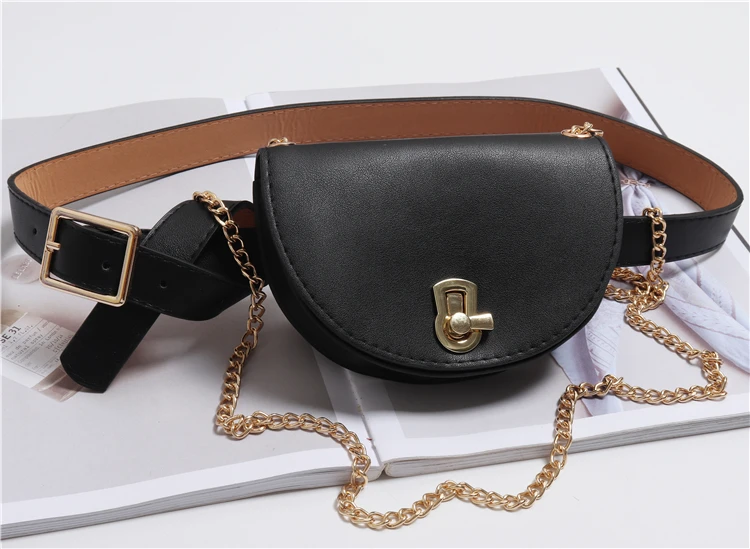 UOSC Женская поясная сумка полукруглая поясная сумка кожаная поясная сумка модная Цепочка-пояс на талию сумки через плечо женский кошелек сумка-бум - Цвет: black 2
