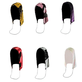 

Nightclub DJ Female Singer Stage Performance Costume Accessories More Color Sequin Chain Hat Bar Hood Women Party Outfit DWY2005