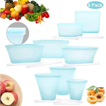 

8Pcs Silicone Food Storage Bag Silicone Fresh Bag Reusable Food Storage Bag Stand Up Zips Shut Bag Fruit Vegetable Cup Organizer