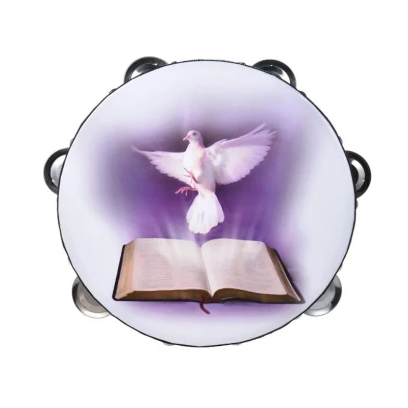 

Double Row Jingle Tambourine Hand Bell Clap Drum Percussion Instrument with Dove & BIBLE Pattern, 8 Inches