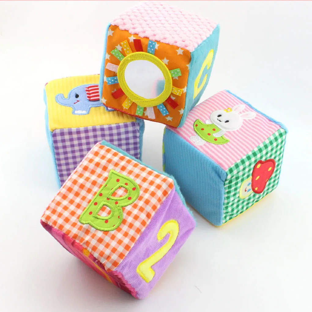 

4pcs/set Happy Monkey Cloth Building Blocks Infant Baby Cloth Doll Soft Rattle Baby Toy Soft Plush Set Cube Baby Toy Plush Cube