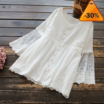 

Vintage Plus Size Long Sleeve Tops Women's Summer Shirts 2020 Casual Button Blusas Female Lace Stiching Blouse Tunic