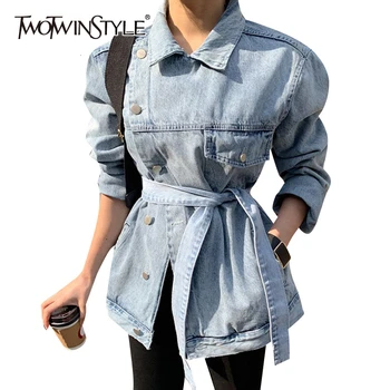 

TWOTWINSTYLE Casual Asymmetrical Denim Women Coats Lapel Collae Long Sleeve High Waist Lace Up Irregular Jackets Female Fashion