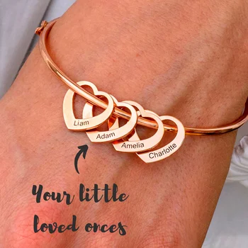 

Stainless Steel Bangle Letter Personalized Bracelets with Hearts Customized Engraved 1-7 Names Bracelets Bangles for Women Gift