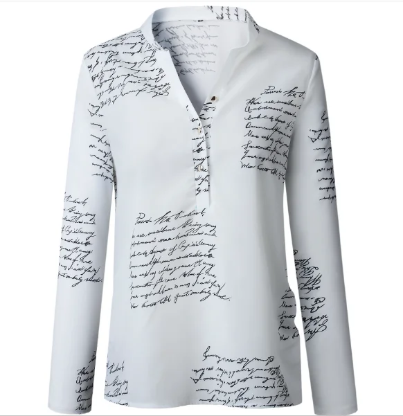 Women V Neck chiffon blouses and tops Letters Printing Button Long Sleeve white Blouse Shirts
