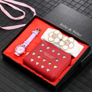 

4pcs/set Top Luxury Gift Sets Zip Wallet Superior Women Watches Ladies Dress Watches Chic Casual Leather Belts Quartz Watch Sets