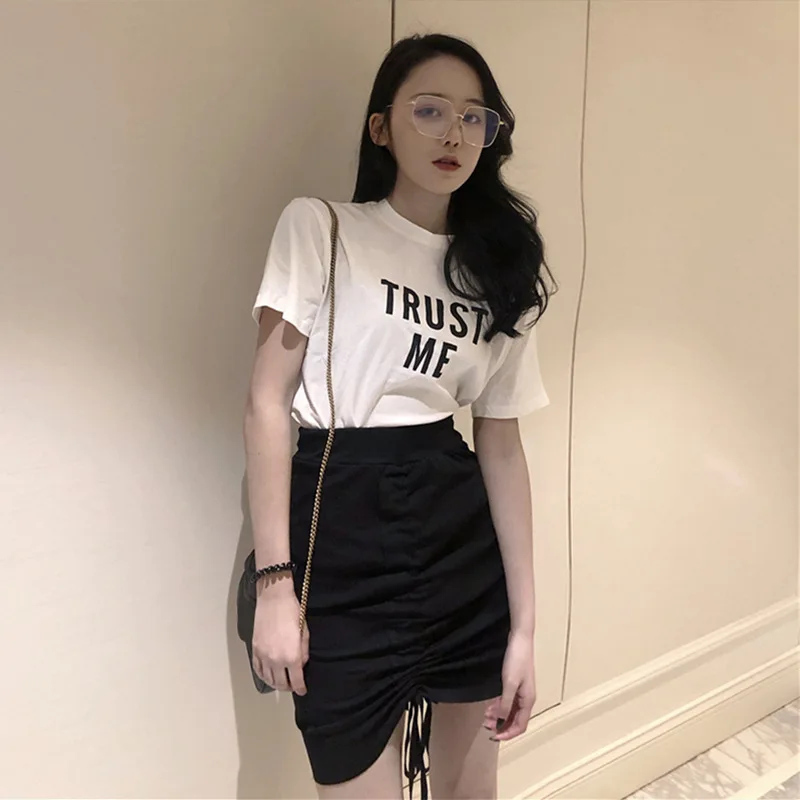 

2019 Spring And Summer New Style Korean-style Drawstring Miumiu Bag Hip Skirt Women's High-waisted Short Skirt Lettered Printed
