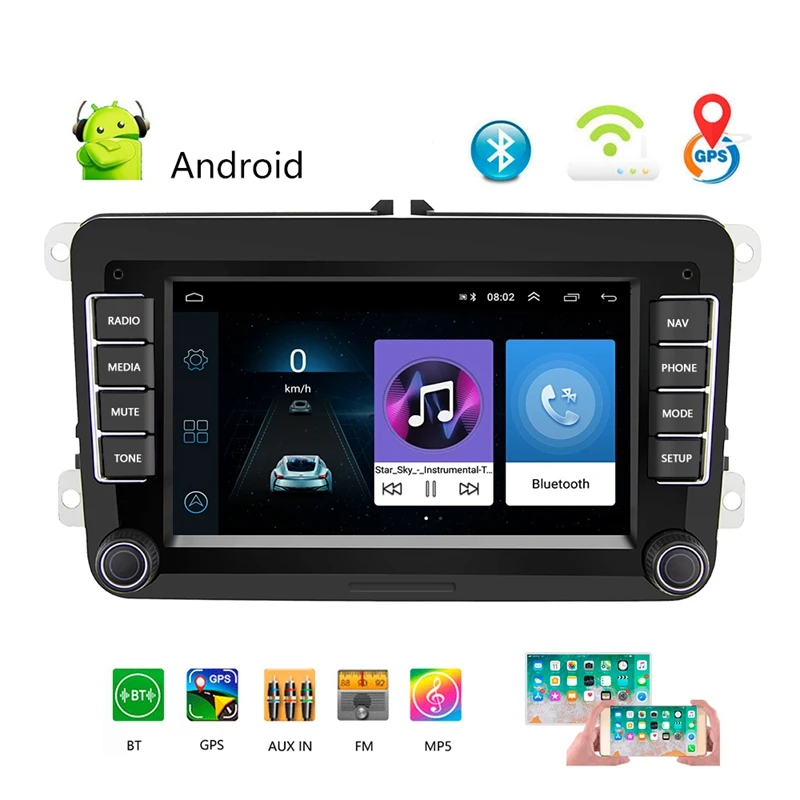 2 Din 7 дюймов Android 8,1 автомобильный DVD мультимедийный плеер 1G+ 16G gps навигация wifi Bluetooth аудио стерео радио плеер для-VW Skoda P