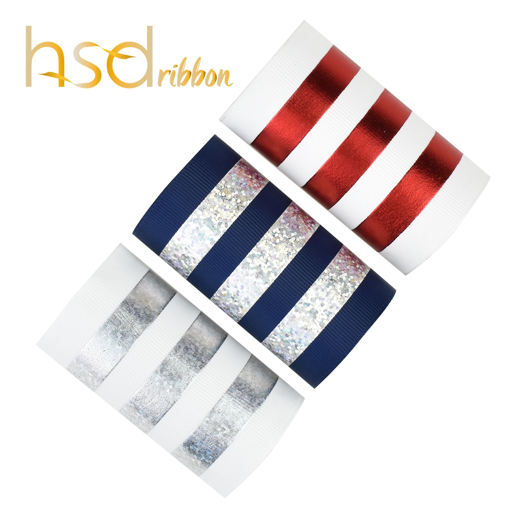

HSDRibbon 75mm 3inch custom Rail Silver Laser Foil Printed Solid Grosgrain Ribbon