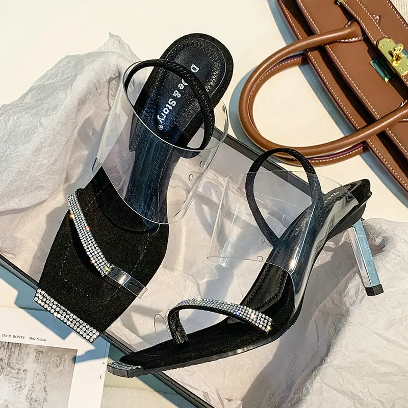 Роскошные сандалии со стразами; Лидер продаж; прозрачные сандалии из пвх; модельные туфли на высоком металлическом каблуке с открытым носком - Цвет: Черный