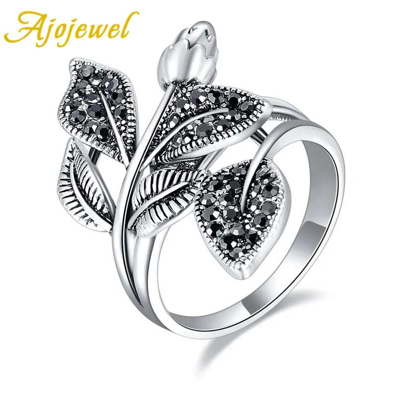 Ajojewel Размеры 7-9 Винтаж Стиль бутон розы кольца с цветочными мотивами, покрытый светлым элегантные черные стразы лист Анель вечерние подарок - Цвет основного камня: Черный