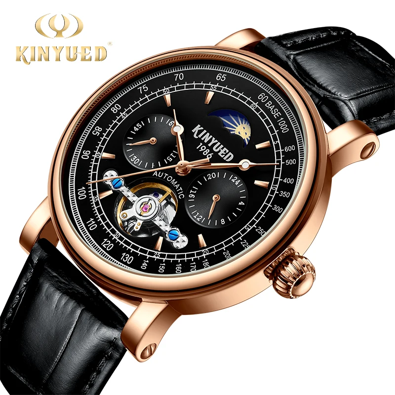

KINYUED Moon Phase Automatic Watch Men Waterproof Mechanical Auto Watches Mens Leather Clock Man relogios masculino automatico