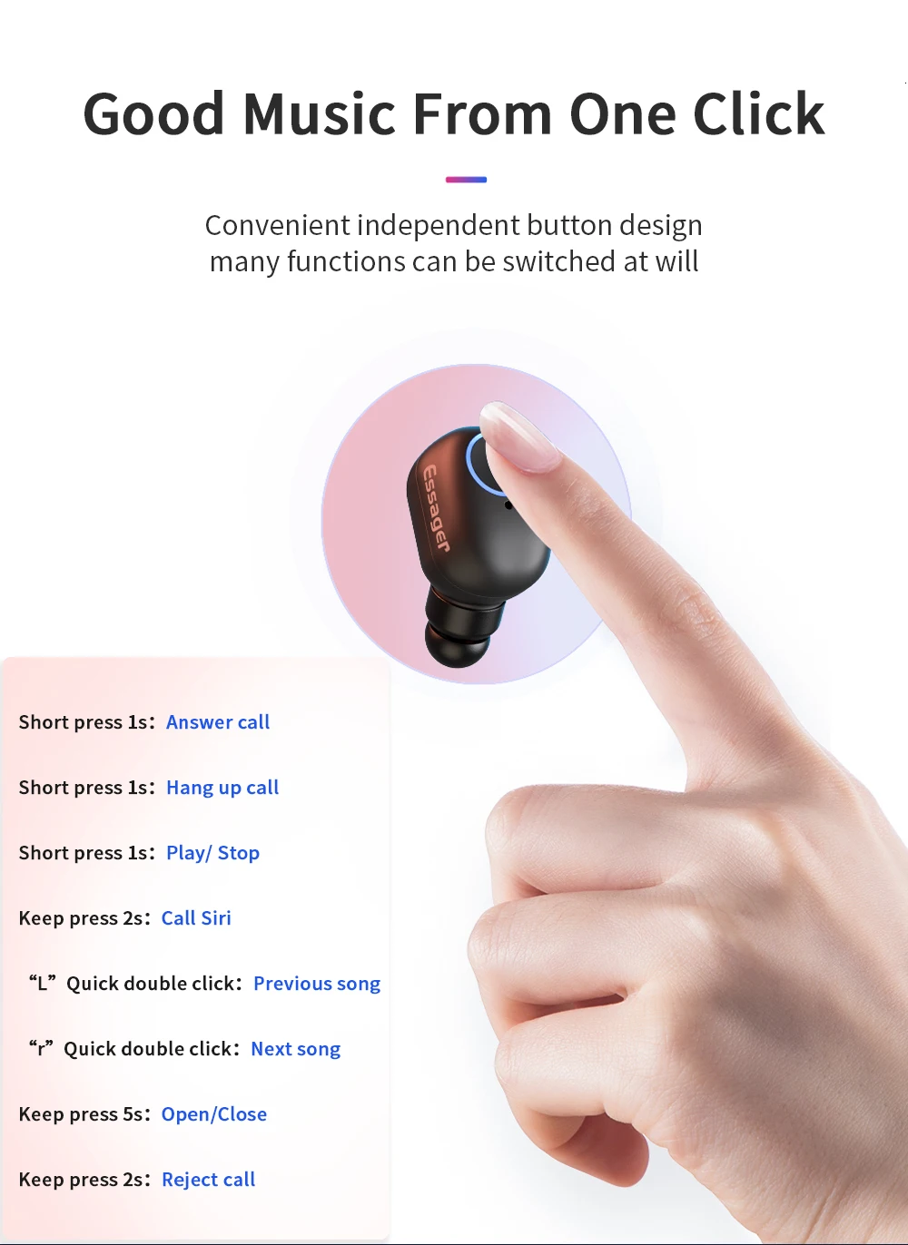 Essager T1 TWS Bluetooth 5,0 наушники мини настоящие Беспроводные наушники с микрофоном Спортивная беспроводная гарнитура для телефона