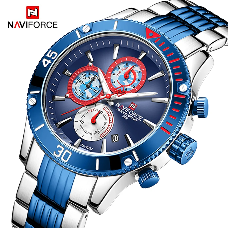 NAVIFORCE Для мужчин часы Для мужчин s Полный Сталь Водонепроницаемый спортивные Кварцевые наручные часы Дата неделю хронограф часы мужские часы Relogio Masculino