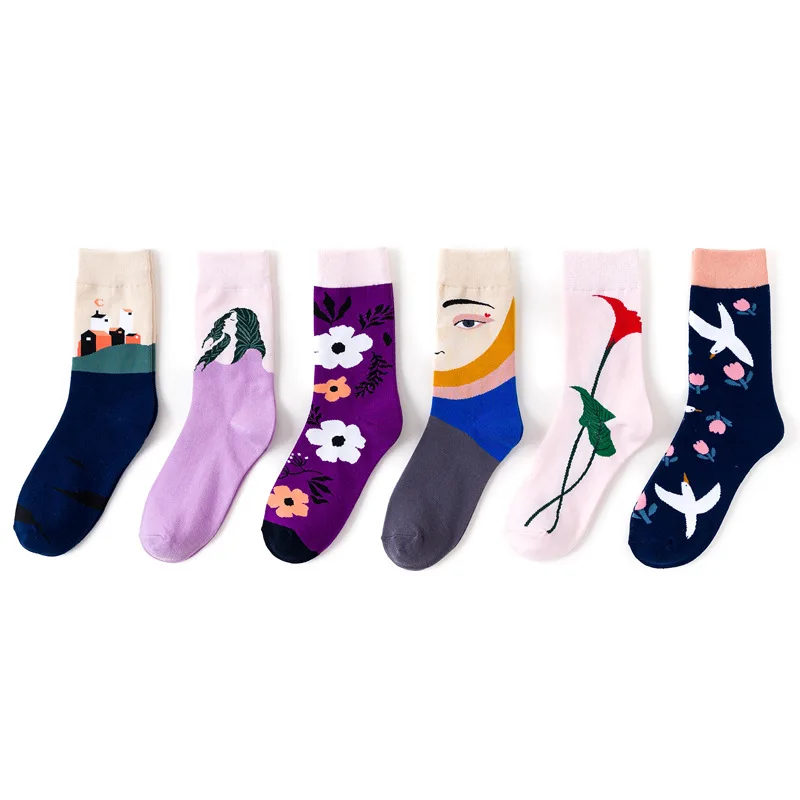 Новинка весна новые женские Ретро художественные абстрактные картины маслом Лотос сливы серии женщин Харадзюку дизайн забавные носки