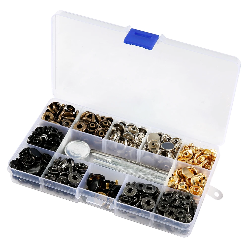 132pcs Leather Snap Fasteners Kit 6 Colors Metal Snap Buttons Press Studs 4 Pieces Fixing Tools Storage Box for DIY Supplies