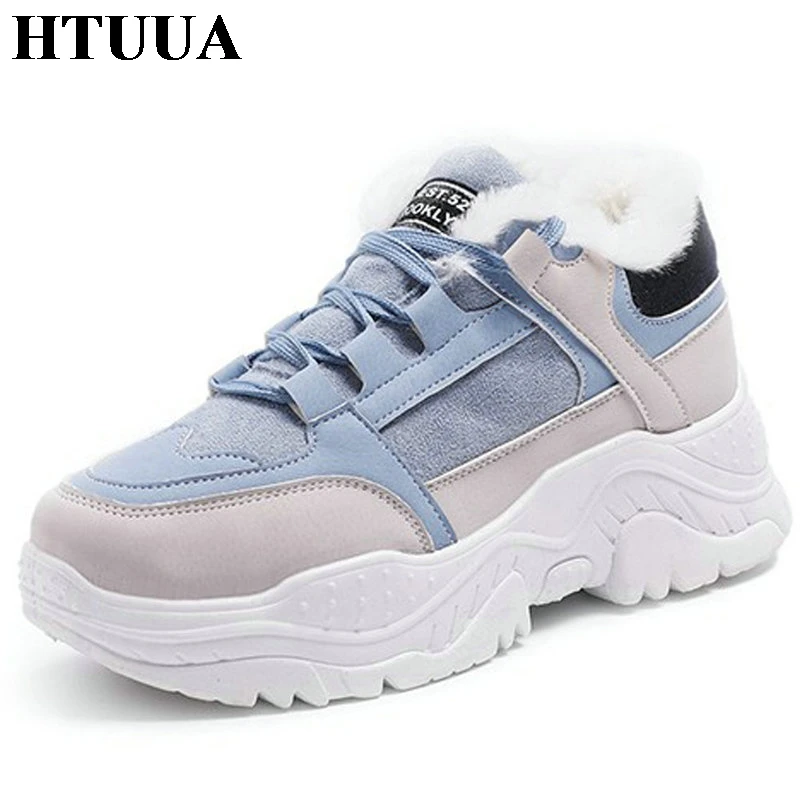 

HTUUA Winter Fur Plush Women Sneakers Brand Design Faux Suede Casual Lacing Chunky Platform Sneakers Autumn Shoes Woman SX3314