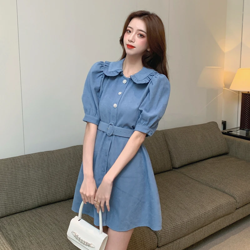 

Woman Dress 2021 Summer French Retro Doll Collar Dress New Style Slimming Short-sleeved Denim Blue Short Dress Women's Clothing