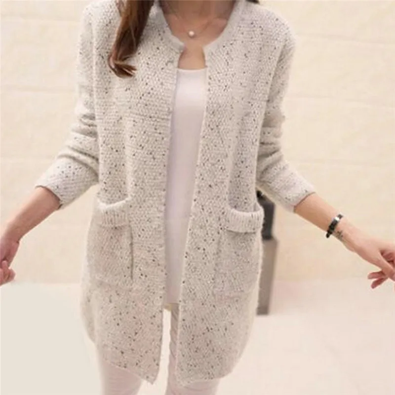 Invierno Caliente moda mujeres de Color sólido bolsillos de punto suéter chaqueta de túnica nuevo ganchillo señoras suéteres Tricotado Cardigan