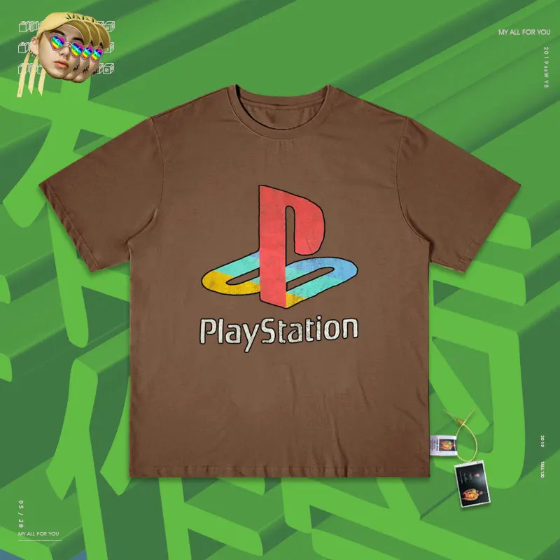 Инс оригинальность полуподпольная Playstation короткий рукав школьницы Мори Сплит сустава скейт каракули Джокер тренд - Цвет: Coffee