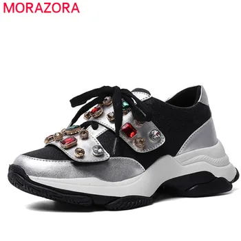 

MORAZORA 2020 top quality genuine leather shoes women sneakers mixed colors crystal lace up casual flat platform shoes woman