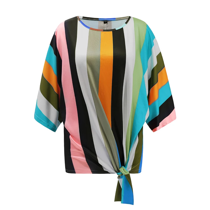 

Women's Fashion Casual Shirt Loose Summer Round Neck Striped Print 3/4 Sleeve Tie-up Basic Female Tops