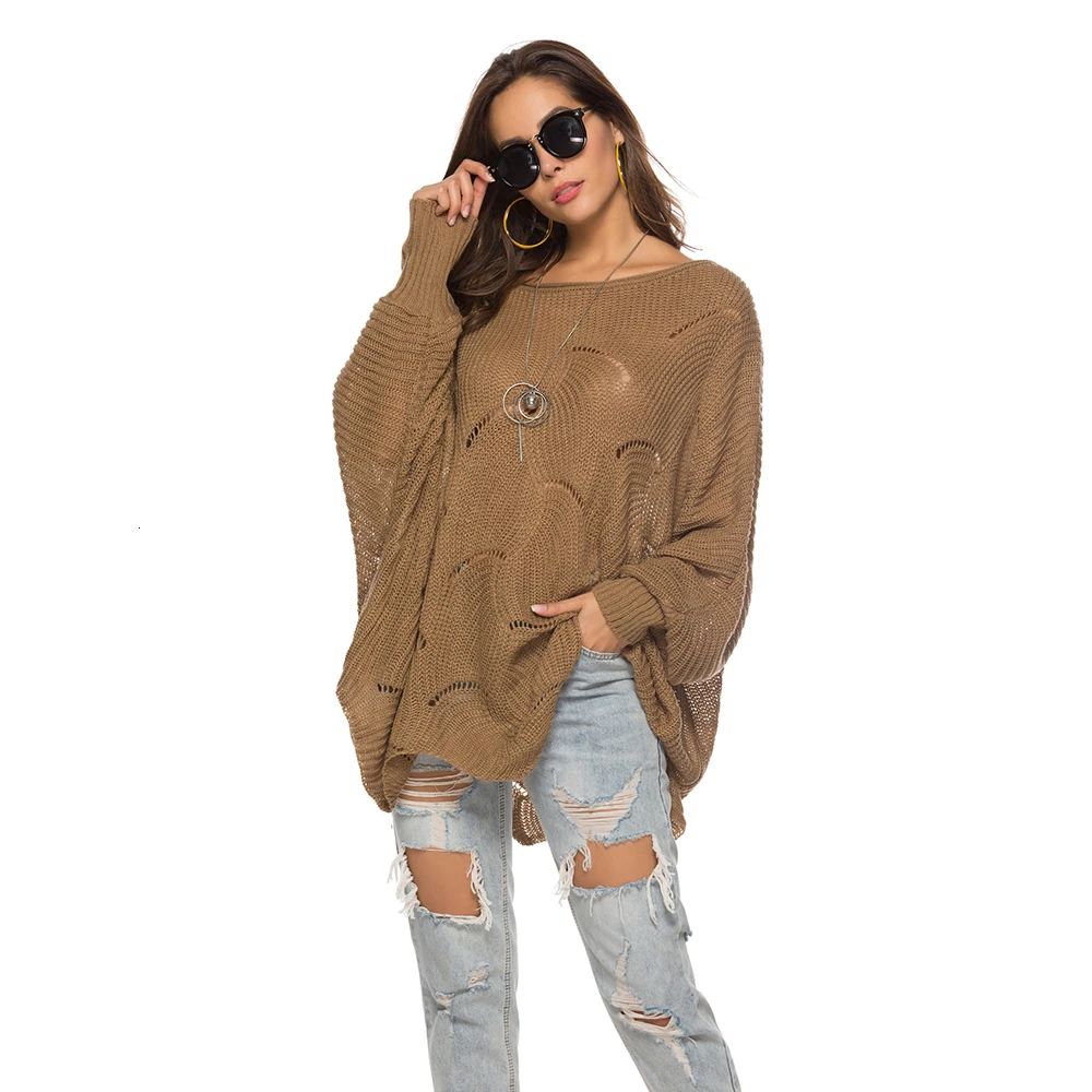 

New Autumn Winter Casual Hollow Out Pullover For Women Baggy Round Neck Plain Color Simple Knit Sweater Fashion Robe Femme 2020