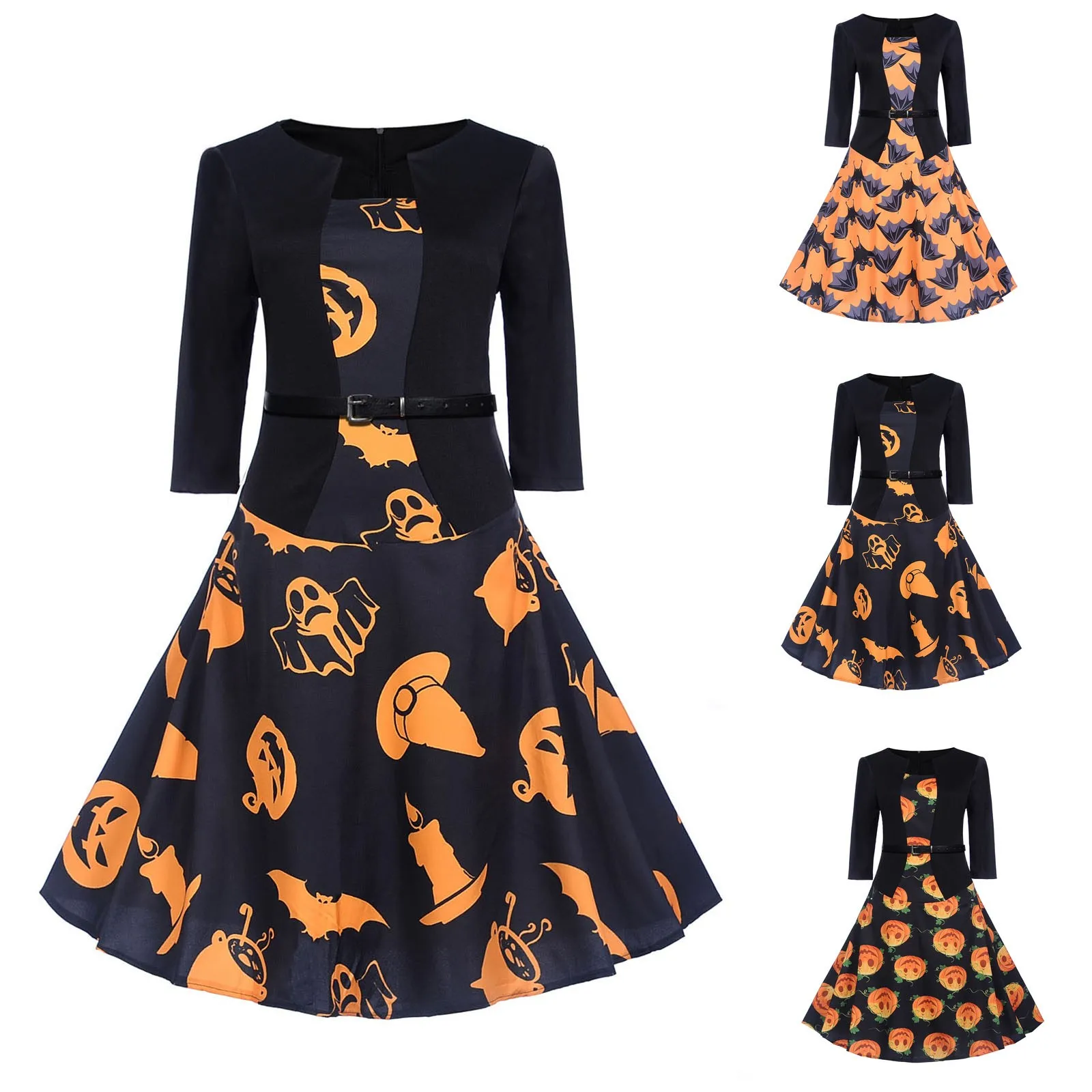 Autumn Dress Plus Size Women's Vintage Print 3/4 Sleeve Dress 2021 Halloween Prom Dress Evening Party Swing Dress Vestido Mujer 2