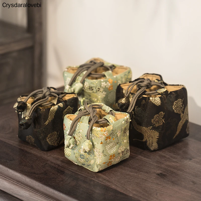 Chinese Style Retro Brocade Tea Set Storage Bag Portable Cotton Linen Tea Cozies Household Travle Accessory Hand Bag