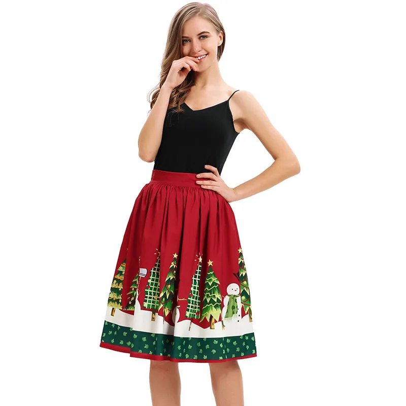 Для женщин к Рождеству Лось дерево с изображением Санта-Клауса, вечерние юбка Винтаж короткими расклешенными с коротким и широким подолом стрейч Высокая Талия; Праздничная юбка; эластичная женская обувь
