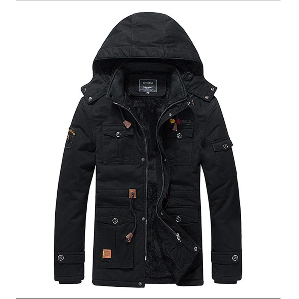

Puimentiua New Brand Winter Jacket Men's Plus Velvet Warm Hooded Tooling Wind Wash Tactical Jacket Men's Coat Plus Size