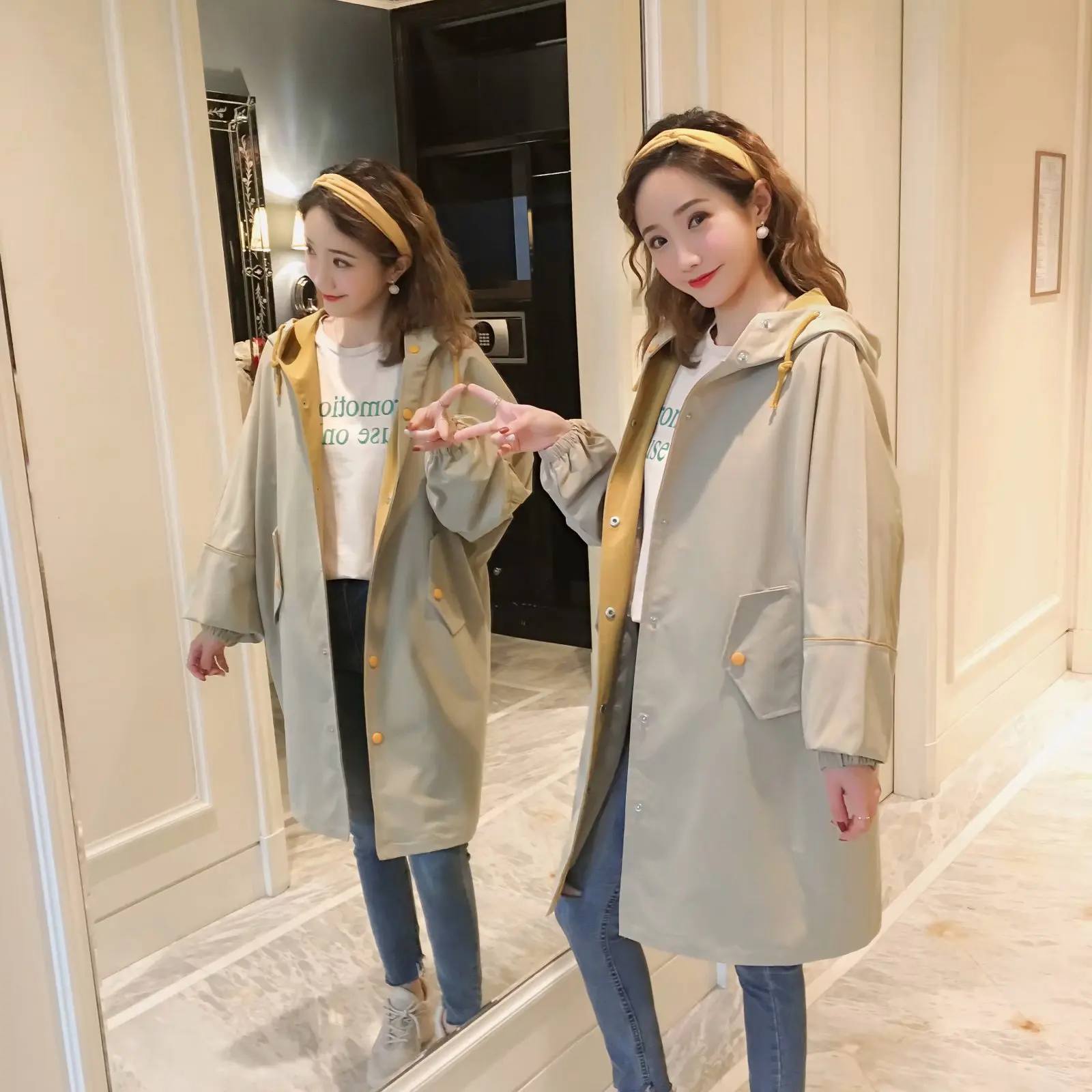 

Sweet Spring New Installation Korean-Style Casual Solid Color Loose-Fit Mid-length Sweet GIRL'S Thin Trench Coat Women's