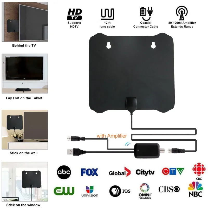 Freeview Local Channels With Amplifier Signal Booster Coax Cable Newest Amplified HD Digital TV Antenna Long 80-100 Miles Range