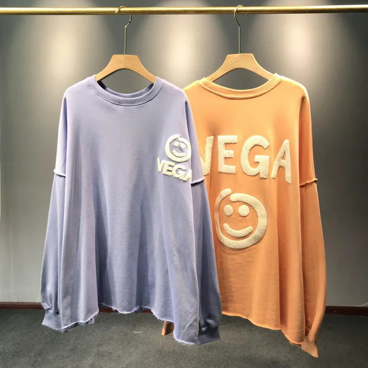 Vega, Женская Толстовка со смайликом, Осень-зима, длинная рубашка, простая вышивка с буквами, прошитая ткань, женская одежда, поврежденная Ins