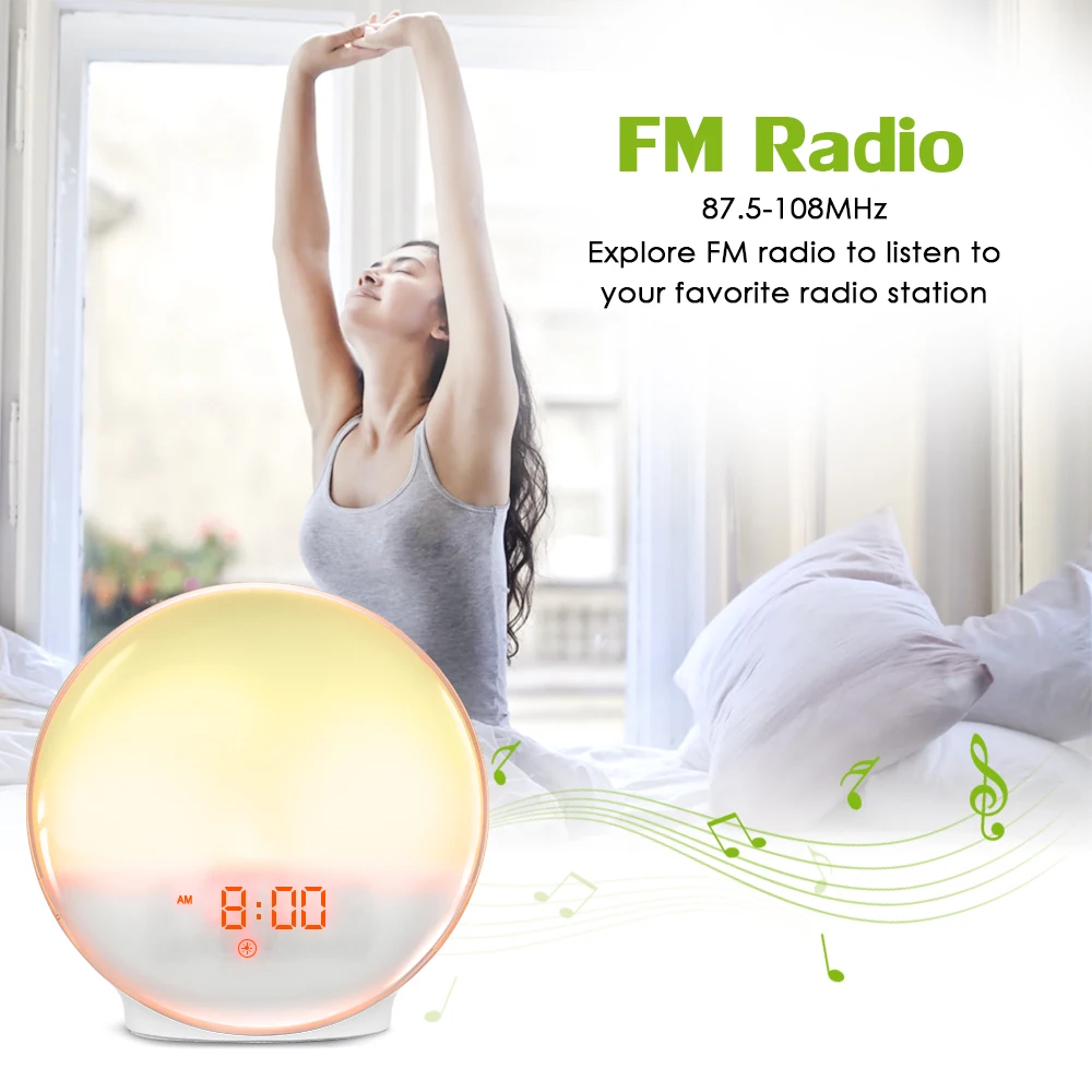 Светильник-будильник с функцией повтора сигнала и fm-радио и захода солнца, Ночной светильник и 7 цветов, имитация восхода солнца