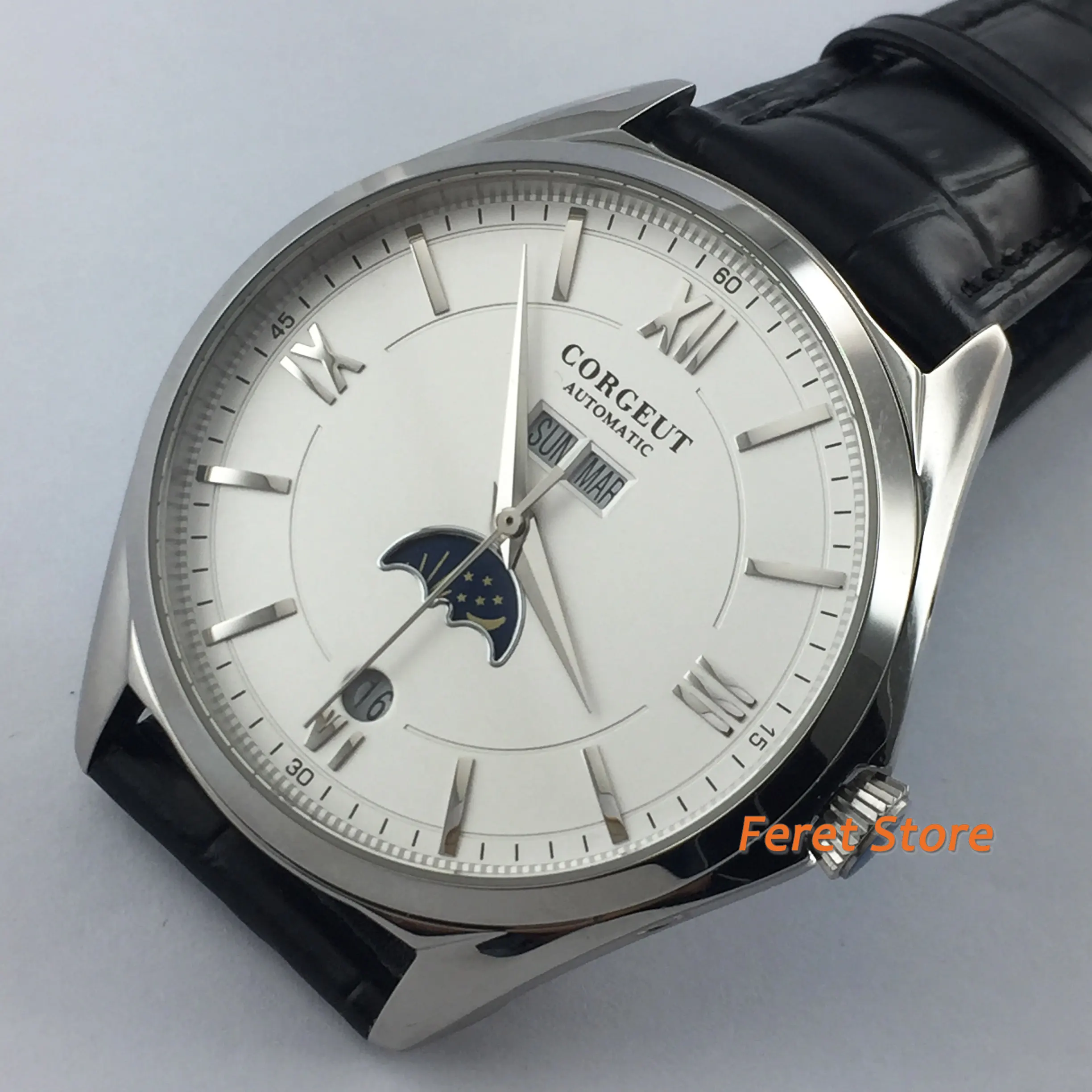 Corgeut 41 мм Moon Phase часы мужские модные автоматические механические наручные часы водонепроницаемые 316L чехол из нержавеющей стали - Цвет: white