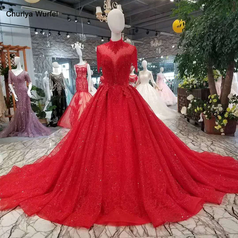 

LSS106 red tassel wedding party dress for bride high neck beaded sleeves open back a-line prom dress free shipping new arrival