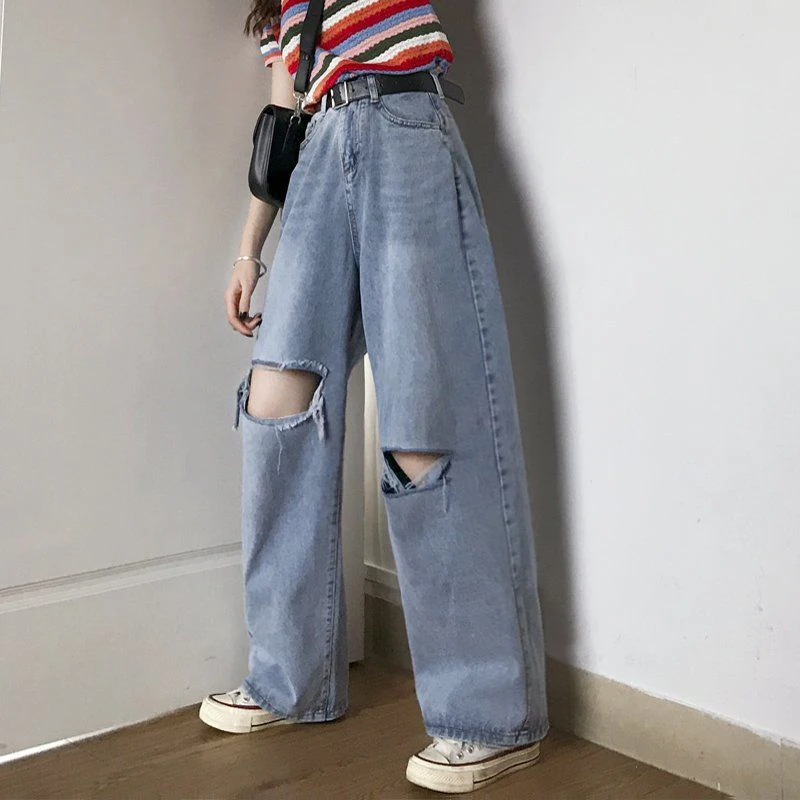 

Spring Summer High Street Style Women High Waist Wide Leg Jeans knee Hole Vintage Loose Denim Pants Straight Lady Pants D307