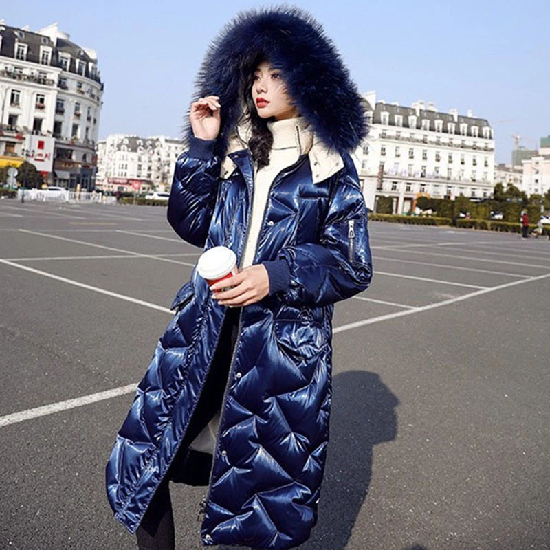 

women's winter down jacket 2019 new warm White Duck Down Big Fur Collar Hooded Long bright Parkas Coat Female Outerwear YRF2