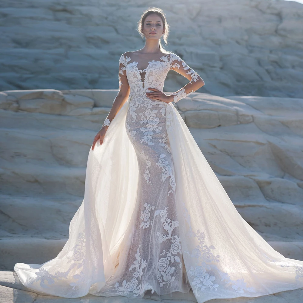 

2020 Long Sleeve Mermaid Wedding Dress Boho With Removable Train Robe De Mariee Sirene Appliques Lace Trumpet Gown China