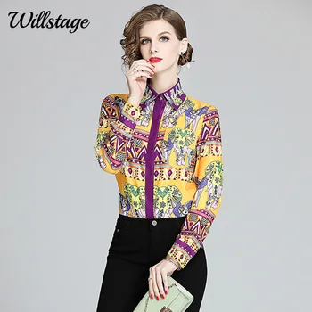 

Willstage 2020 Spring printed shirt female flower pattern elephant Blouse Button Floral tops new women clothes