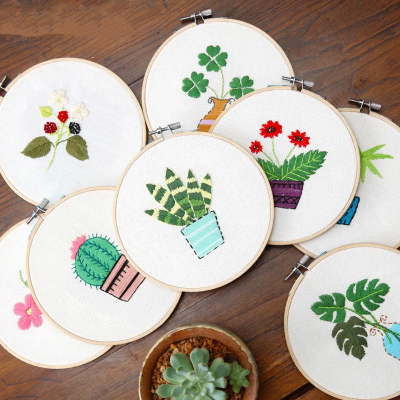 1Set Green Plant Embroidery With Frame DIY Manual Beginner Needlework