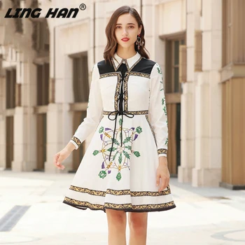 

LINGHAN Autumn Lace Up Dresses Women Runway Printed Empire Adjustable Bust Ivory Above Knee Mini Dress Designer Fashion New