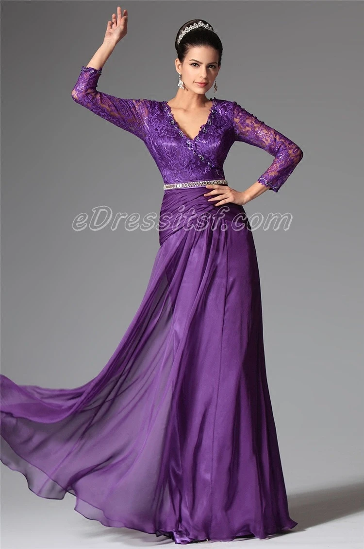 Вечеринка сари robe de soiree courte/фиолетовый кружевная обувь с украшением в виде кристаллов; пикантные с v-образным вырезом с длинными рукавами для матери невесты платья