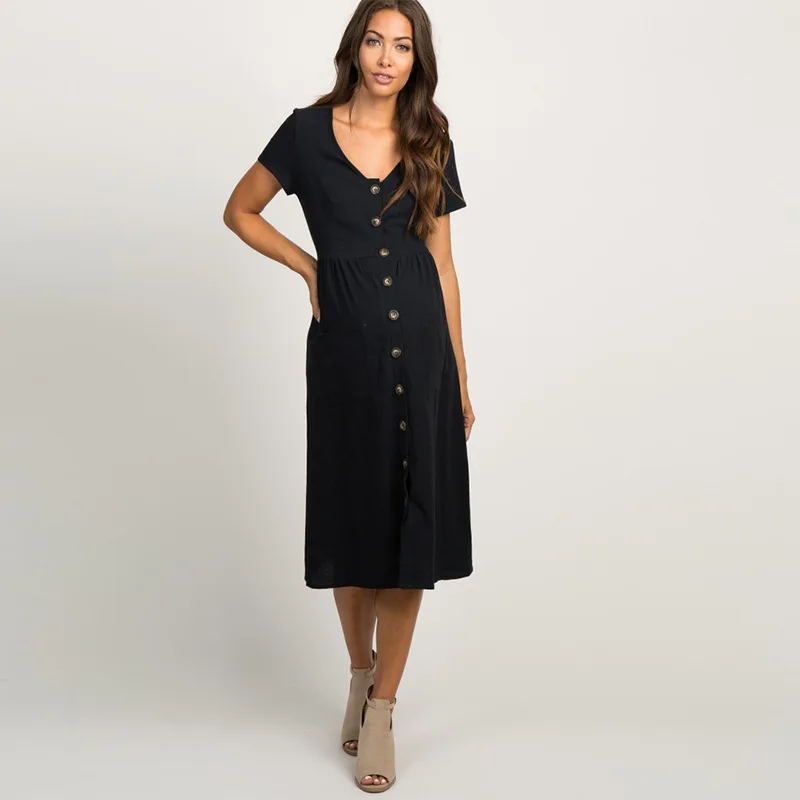 Slim-Fit Short-Sleeved Maternity Dress Maternity Long Dress Round Neck Loose Solid Color Long Trench Coat