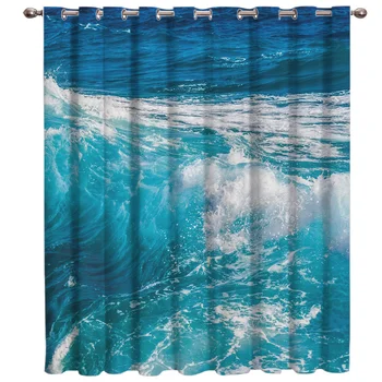 

Blue Sea Waves Window Treatments Curtains Valance Room Curtains Large Window Living Room Kitchen Fabric Drapes Home Decoration