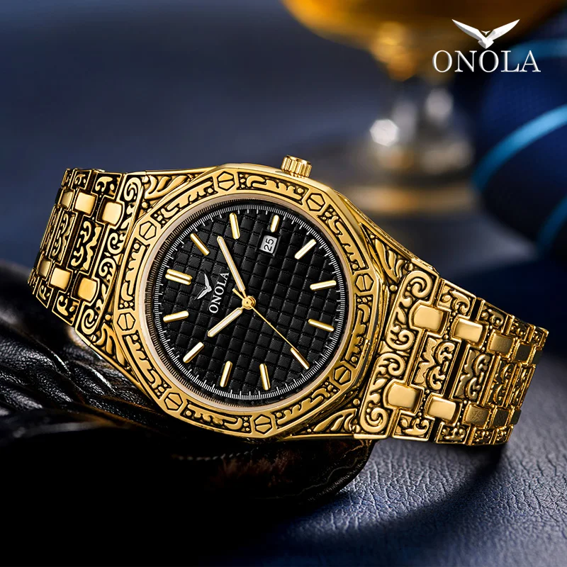 ONOLA винтажные мужские часы с резным узором, водонепроницаемые Оригинальные наручные часы со стальным ремешком, модные классические дизайнерские Роскошные брендовые золотые мужские часы