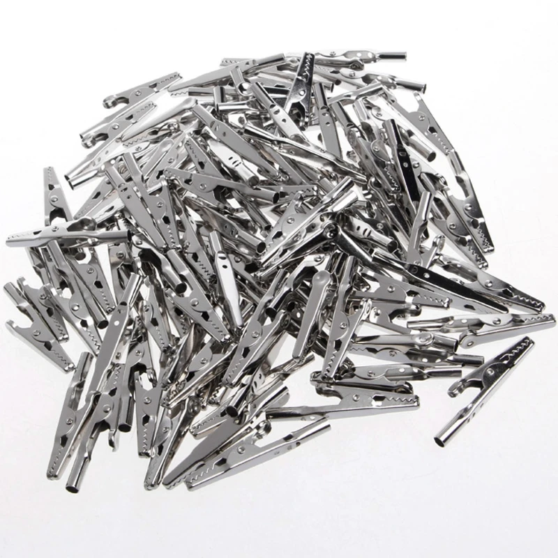 100 Pcs Electric Test Crocodile Alligator Clips Clamps Silver Tone 50mm